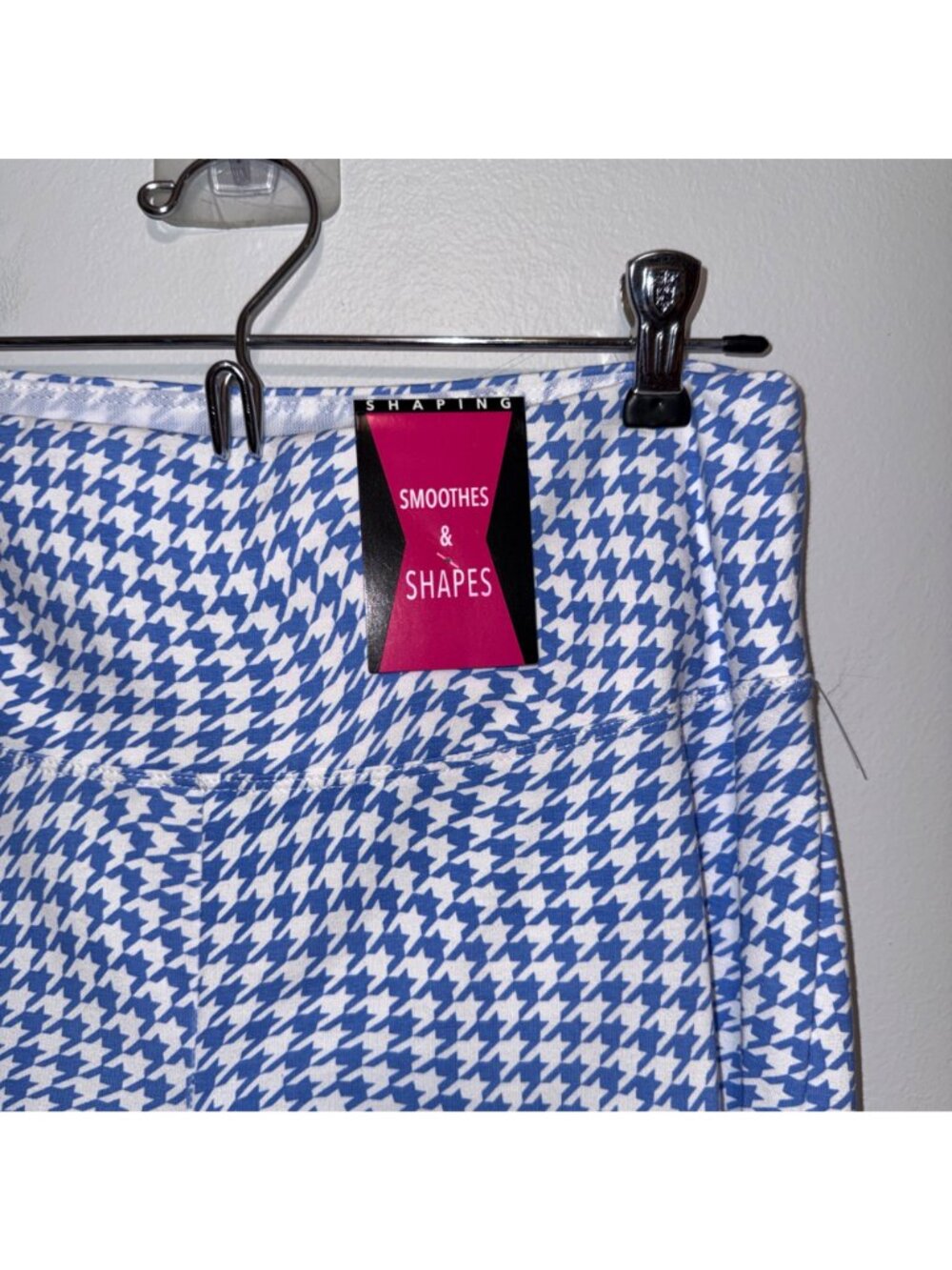 NWT Teezher Blue & White Houndstooth Print Shaping Pants Smooth Waistband Large - Picture 2 of 6